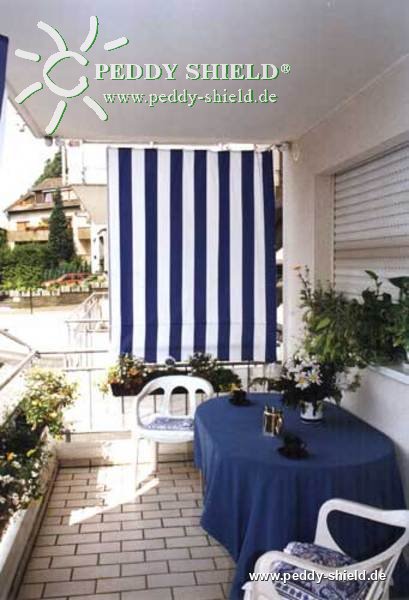 Komplett - Bausatz mit Senkrecht-Sonnensegel 230 x 140 cm - Blockstreifen blau-wei� und Seilspanntechnik Universal