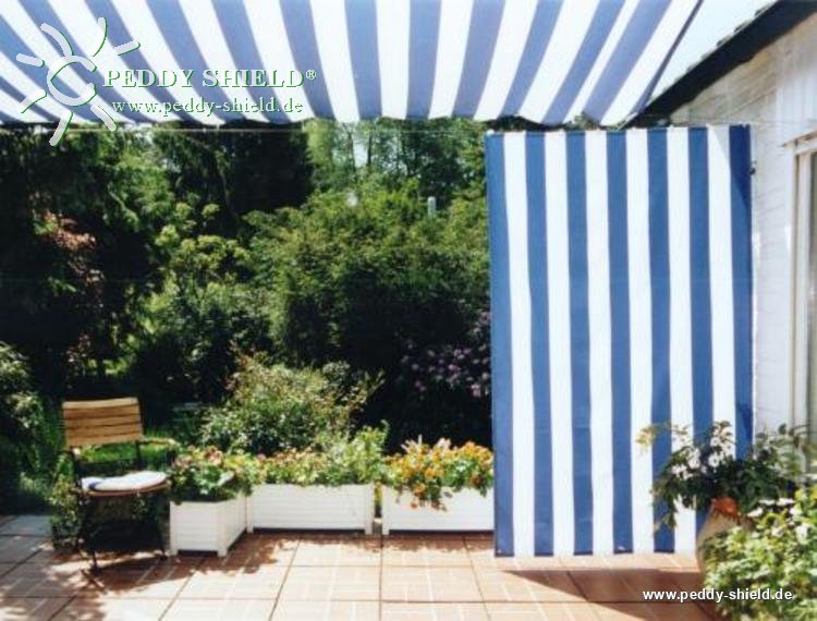 Komplett - Bausatz mit Senkrecht-Sonnensegel 230 x 140 cm - Blockstreifen blau-wei� und Seilspanntechnik Universal