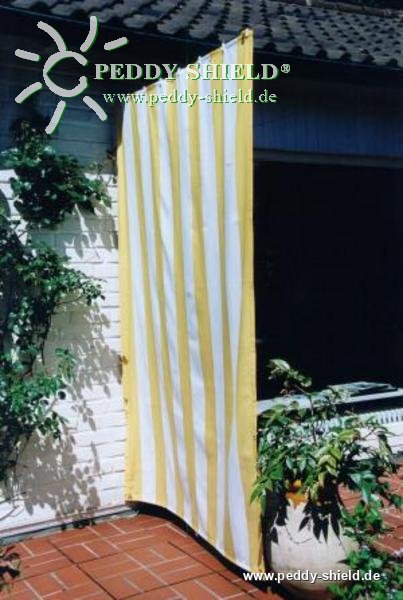 Komplett - Bausatz mit Senkrecht-Sonnensegel 230 x 140 cm -  Blockstreifen gelb-wei� und Seilspanntechnik Universal