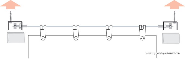 Komplett - Bausatz mit Senkrecht-Sonnensegel 230 x 140 cm -  Blockstreifen gelb-wei� und Seilspanntechnik Universal